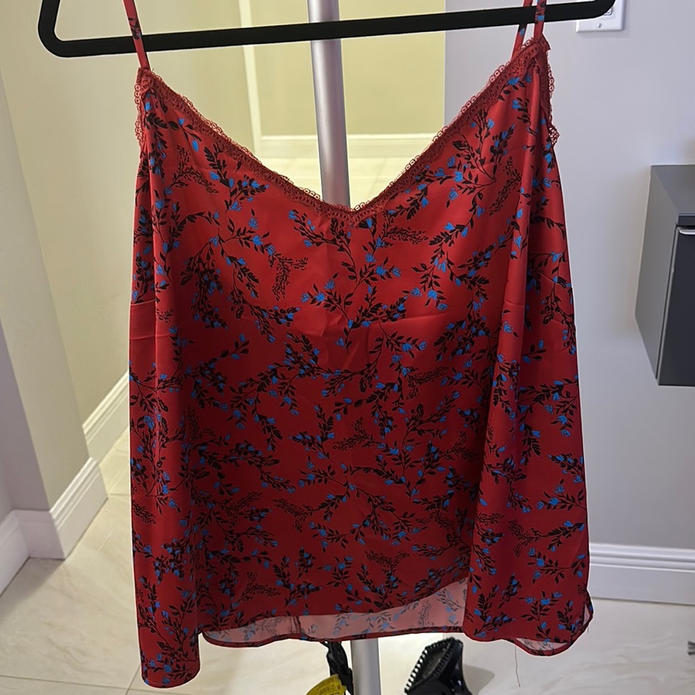 Red cami with blue flowers